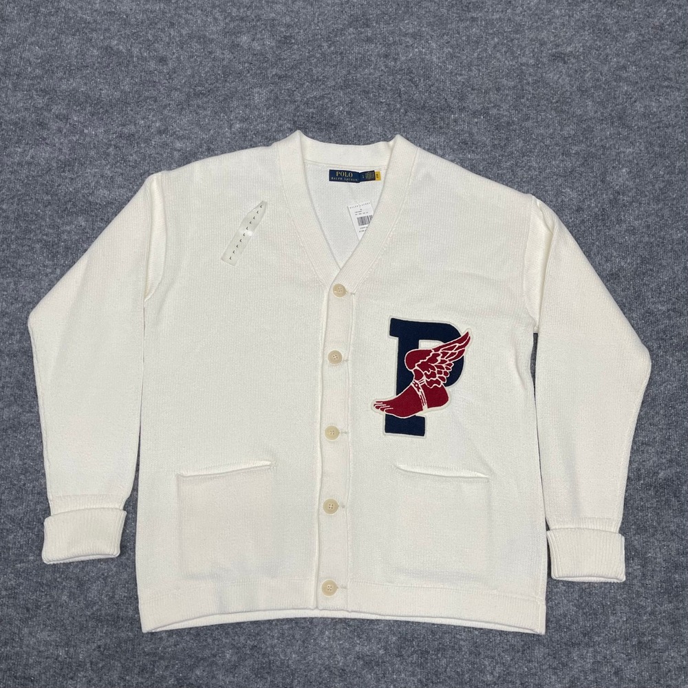 Polo Ralph Lauren Mens Cardigan Sweater Large Cream White P-Wing Chenille Patch